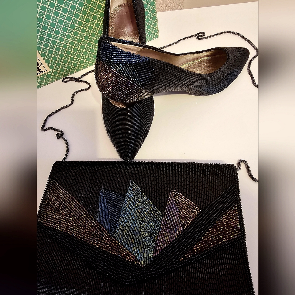 Multicolor evening handbag and matching shoes
